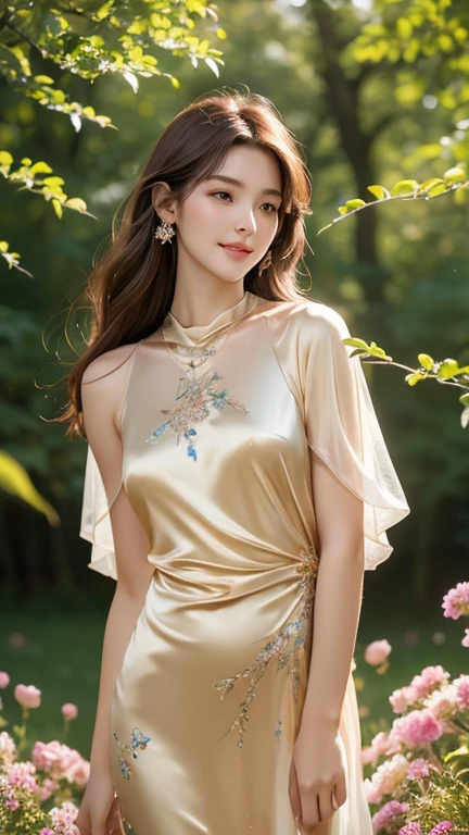 Best Quality, Masterpiece, Ultra High Resolution, (Realistic: 1.4), Xiuxian, Smiling, Shy, Belly Button, Delicate Makeup, Gorgeous Jewelry, Horse Face Dress, Detail Face,, 1 girl, white clothes, lotus print, maple leaf print, solo, weapon, (magic circle: 1.2), Xiuxian, upper body, beautiful girl, half-body, East Asian architecture, sheath, construction,