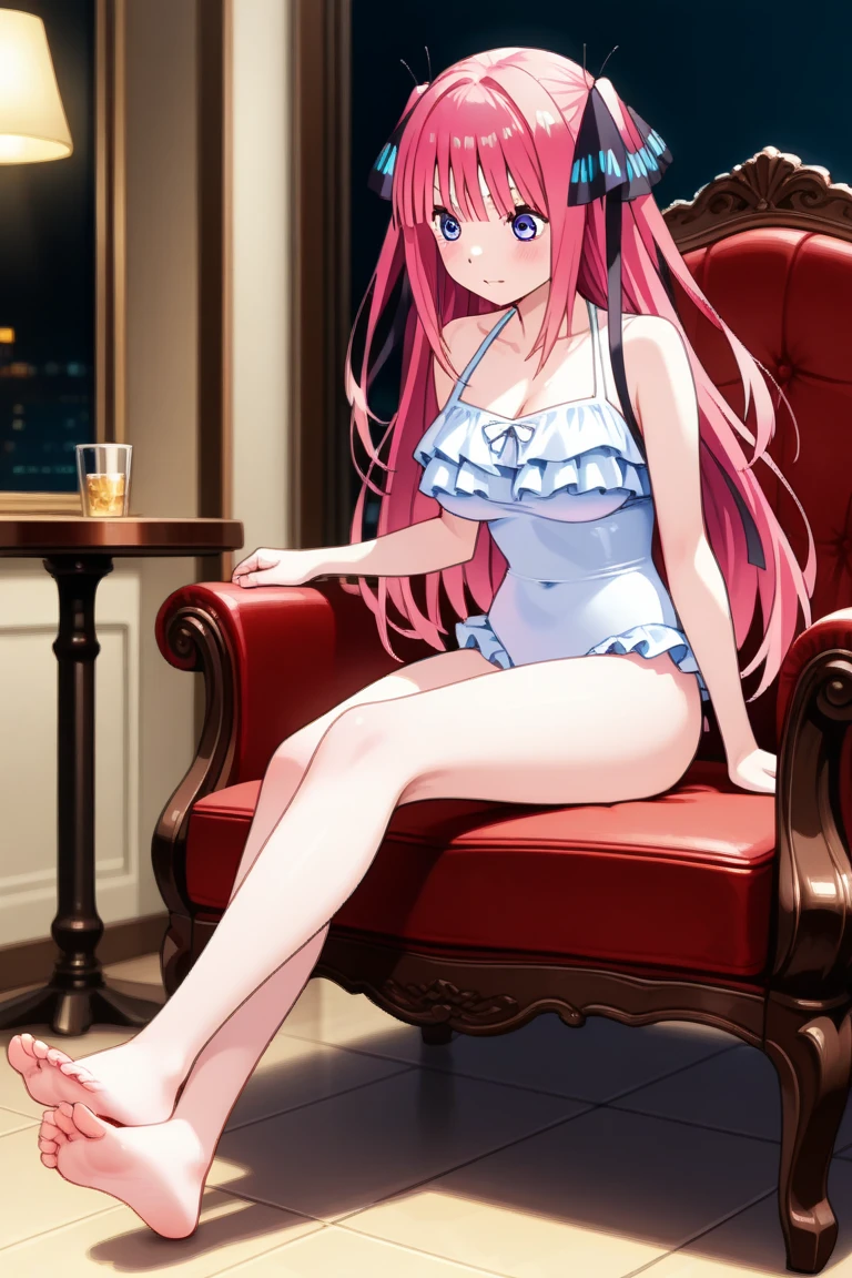 1Female、When reincarnated, I was a slime character(teenage girl naked)、master piece、top quality、accurate、animesque、child Demon King、Aimei、Beautiful and detailed blue eyes、pink hair、Two-tailed、Proud double tails, very black bikini short、medium breasts、True to the original、((barefoot)), muscular belly, beautiful muscular legs, thick legs, (smile), looking back, (full body photograph), (((in the bedroom sitting on the chair showing feet very close to the camera))), (((feet with square nails painted with black nail polish, very detailed and high quality))). (((beautiful feet)))