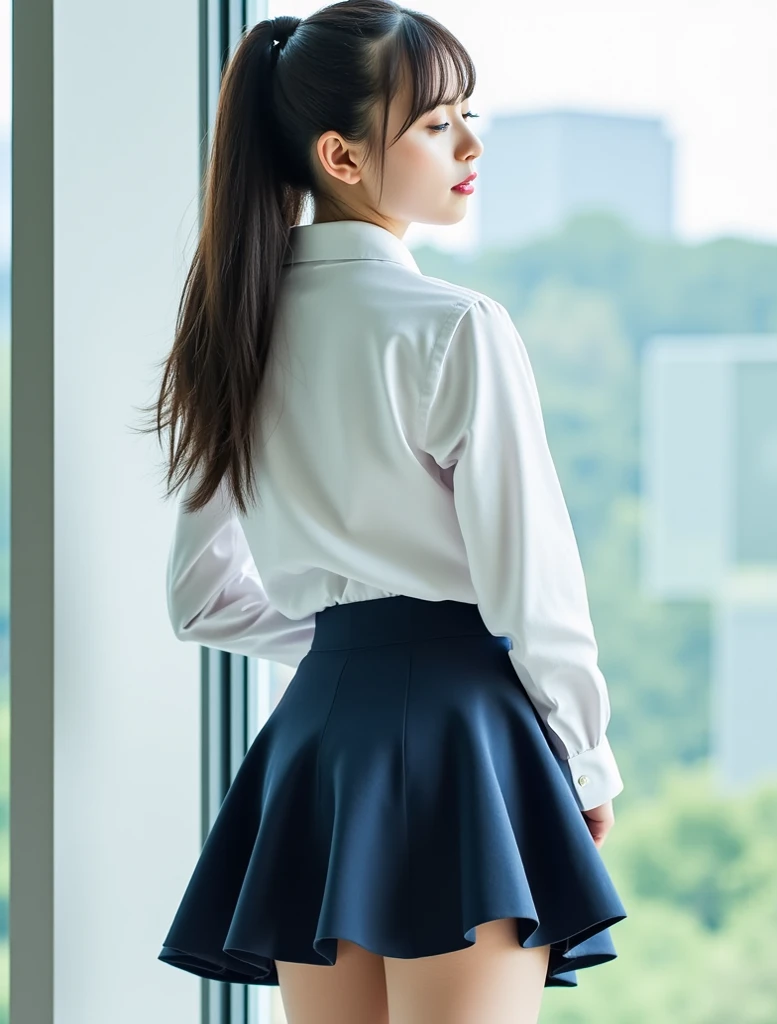 (mesa:1.3), (8K, fotorrealista, Foto CRU, melhor qualidade: 1.4), Japanese, (1 garota em), rosto bonito, (rosto realista), (black bun hair), lindo penteado, Olhos realistas, lindos olhos detalhados, (Pele realista), pele bonita, Atraente, Super high resolution, Um hiper-realista, altamente detalhado, golden ratio, (Corpo todo:1.37), (Woman in a 14cm flared skirt and formal shirt with attention to detail:1.4), (secretary), traje profissional, dark red flared skirt, camisa social preta, salto alto, rectangular glasses, (Sorriso feliz:1.3), (cabelos longos e lisos com brilho fluido,,,,,,,,,,,,,,,:1.3), QUEBRAR, (peito pequeno, bunda grande:1.3), scenario, (Desk com restante de livros), from behind, Retrocessos, Arched back, (arms on waist), lindos olhos detalhados, olhando para o espectador, de baixo, (sem maquiagem), (bonitinho), photon mapping, (Professional Lighting), detalhes finos, (Calcinhas infantis), corpo inteiro, Desk, Hands on waist, back, sexy position, stand up on the edge and one leg up showing butt and panties,