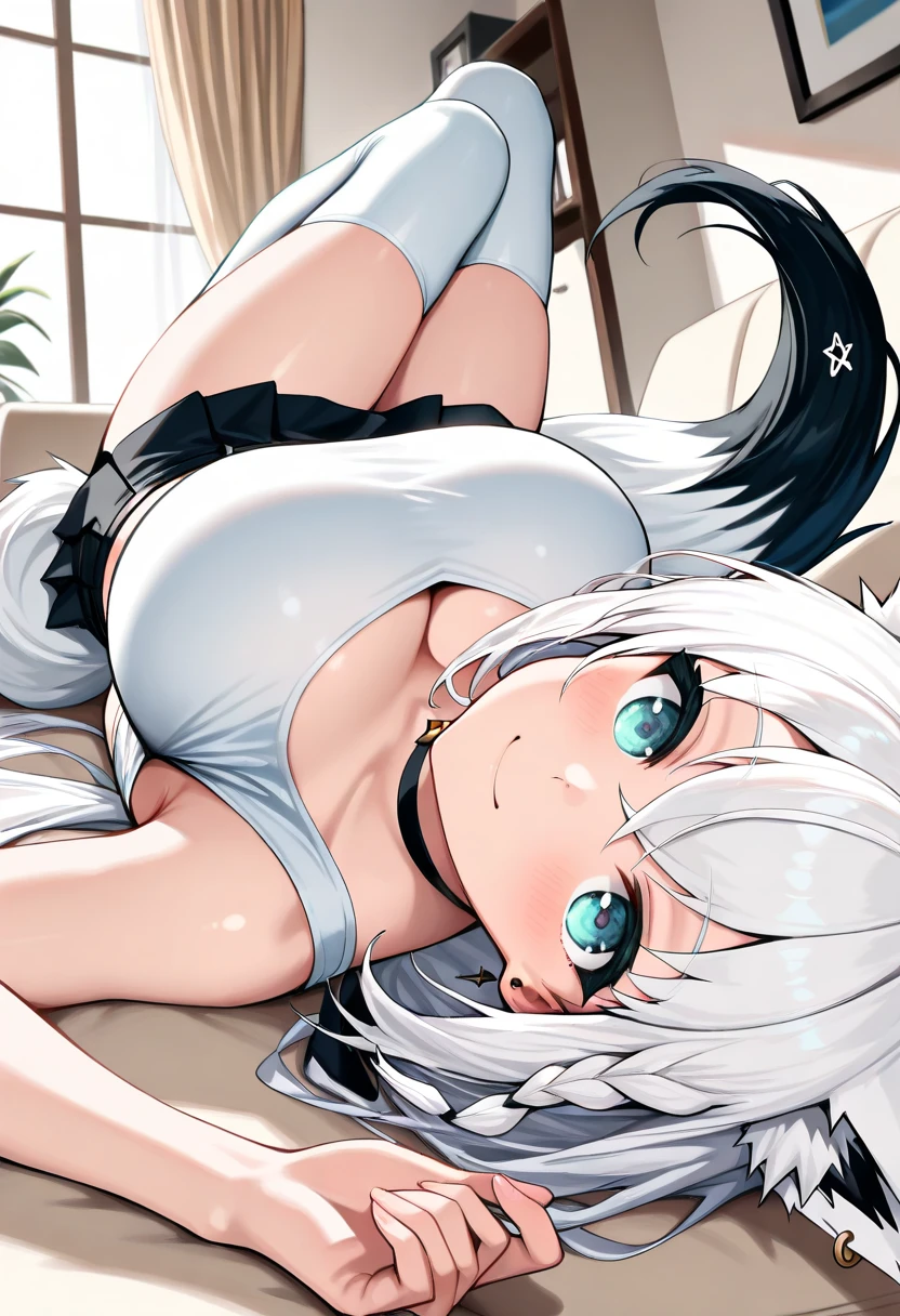 Light blue gradient long hair,Blue-purple heterochromic pupils,Blue colloidal one-piece leather coat,White cat ears,A teenage girl,Blushlush,Medium-sized chest,Lie down in bed,white stockings