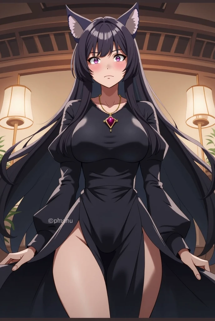 Masterpiece, dreamlike art, ultra detailed, absurdres, 1 girl, solo, full picture, long black hair, dripping_hair, green eyes, young woman,wind blowing, holding down own skirt, gracious intricate black wedding dress with black stockings, dominant expression, high heels, wedding ceremony in background
