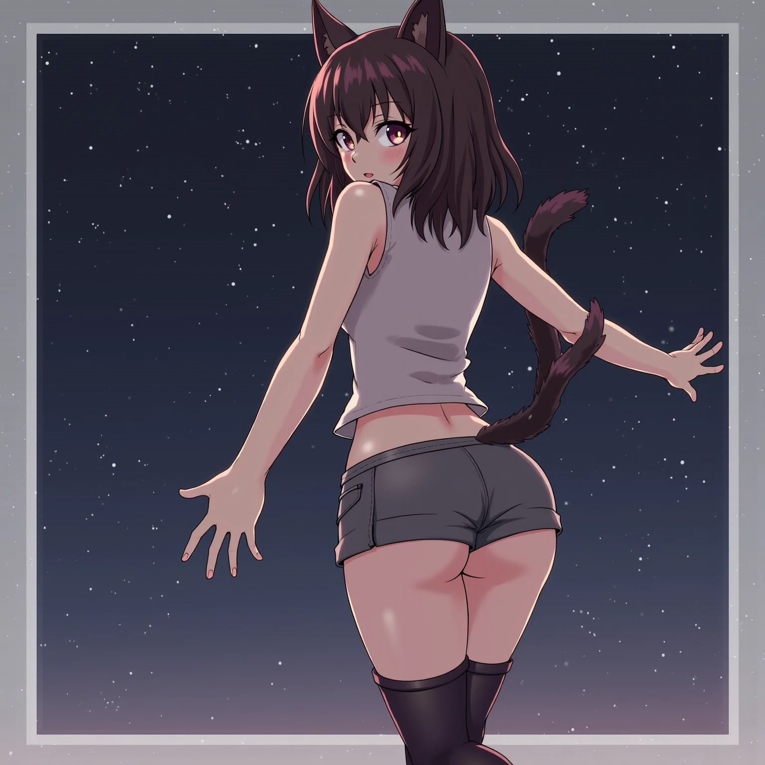 a naked girl, short stature, small breasts, with cat ears, with cat tail, ass, stunning eyes, wearing boots, a naked girl, short stature, small breasts, demon horns, pussy, stunning eyes, wearing boots, in desert dunes, full moon, ultra HD, 8K,
