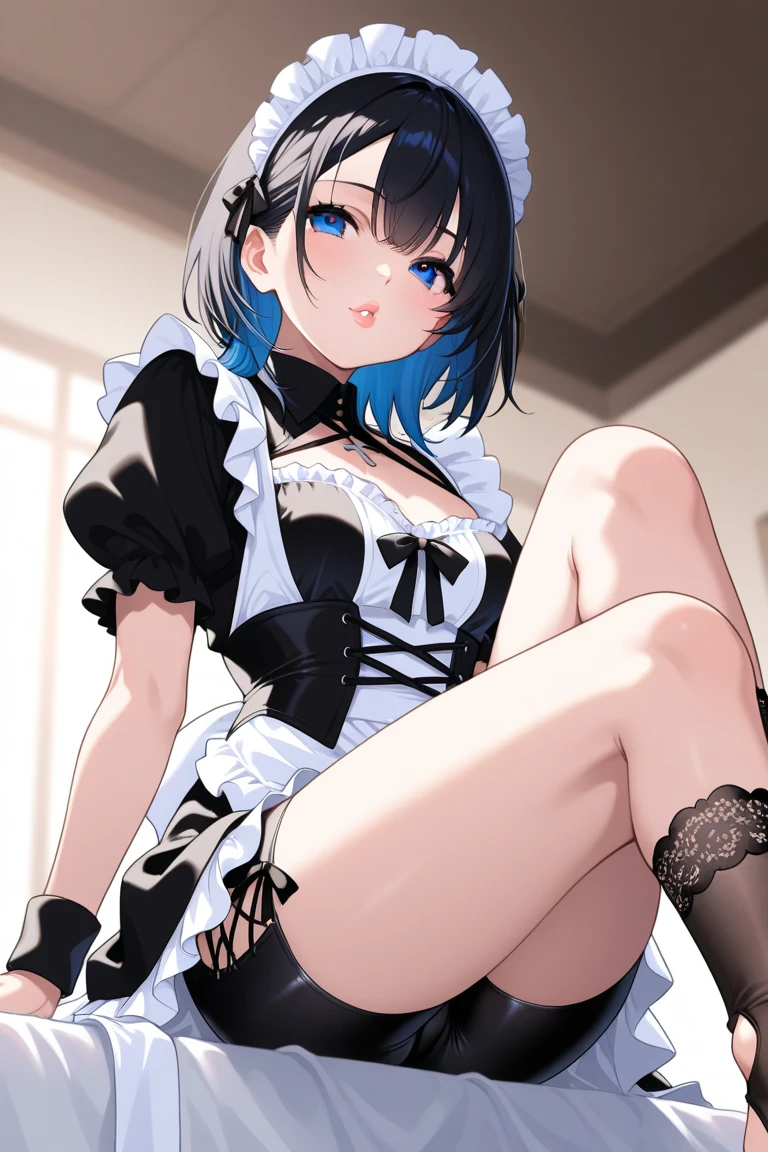 masterpiece,Highest quality,One girl,Maid,Black Bob,Black apron dress,Small breasts,Black Pantyhose,Low Angle,Looking into the camera,(Sharp eyes),Glare,Contemptuous Eyes,(Hollow Eyes)Through clenched teeth,Sweat,(Raise your skirt yourself),Panty shot,(Panties through pantyhose),Camel-to-Focus,(From below),Raise one leg,throw
