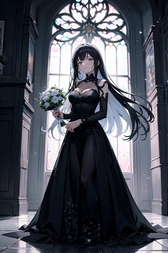 A girl，16 years old，Long hair, bangs, black hair, Hair between the eyes, Purple Eyes:（1.5),  (Medium breasts:1.2), 
rest clavicle, Wedding dress，veil，wedding，Black dress，Flowers，dress，Black socks，Black knee socks，Black gloves，Long boots，Cleavage，
Looking at the audience, whole body, Open your mouth，lol，
indoors, church，permanent，permanent，Micro lol，With one eye closed，
rest (masterpiece:1.2), best quality, high resolution,  8k wallpaper, (illustration:0.8), (Beautiful and delicate eyes:1.6), Extremely detailed face, Perfect lighting, Extremely detailed CG, (Perfect hands, Perfect anatomical structure),