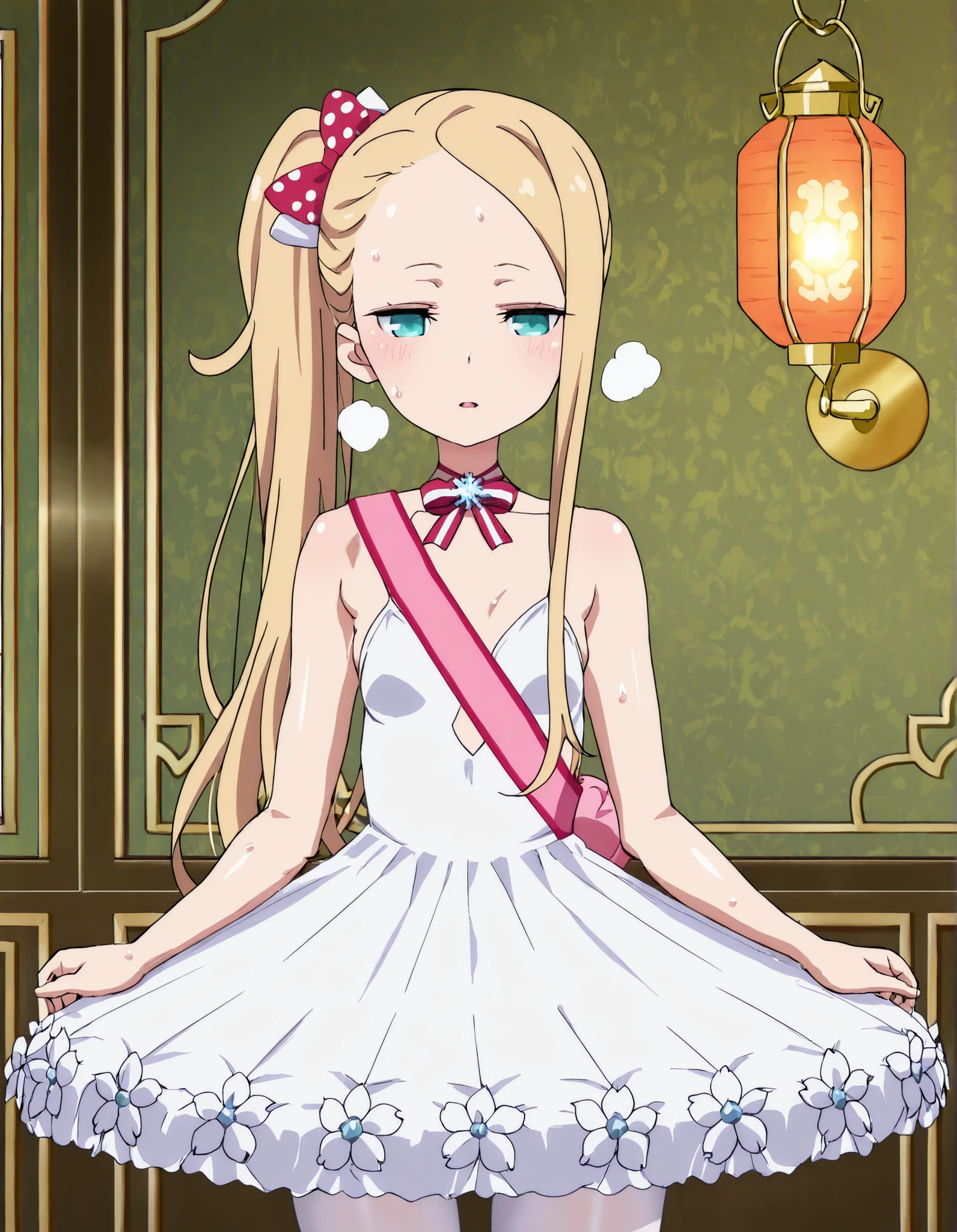 masterpiece, best quality, (best illustration), ultra-High resolution, score_9, score_8_up, score_7_up, BREAK source_anime, shiny skin, perfect eyes, (detailed face and eyes), (((solo, 1girl, solo focus))), blonde hair, aqua eyes, long hair, side ponytail, single sidelock, forehead, ballerina, hair bow, polka dot bow, white bow, red bow, neck ribbon, snowflake brooch, short dress, sash, lantern, tutu, white pantyhose, dress flower, anime coloring, sweat, skindentation, (cowboy shot), Erotic_style, steaming body, sweaty, very sweaty, sweat stain, sweaty clothes,