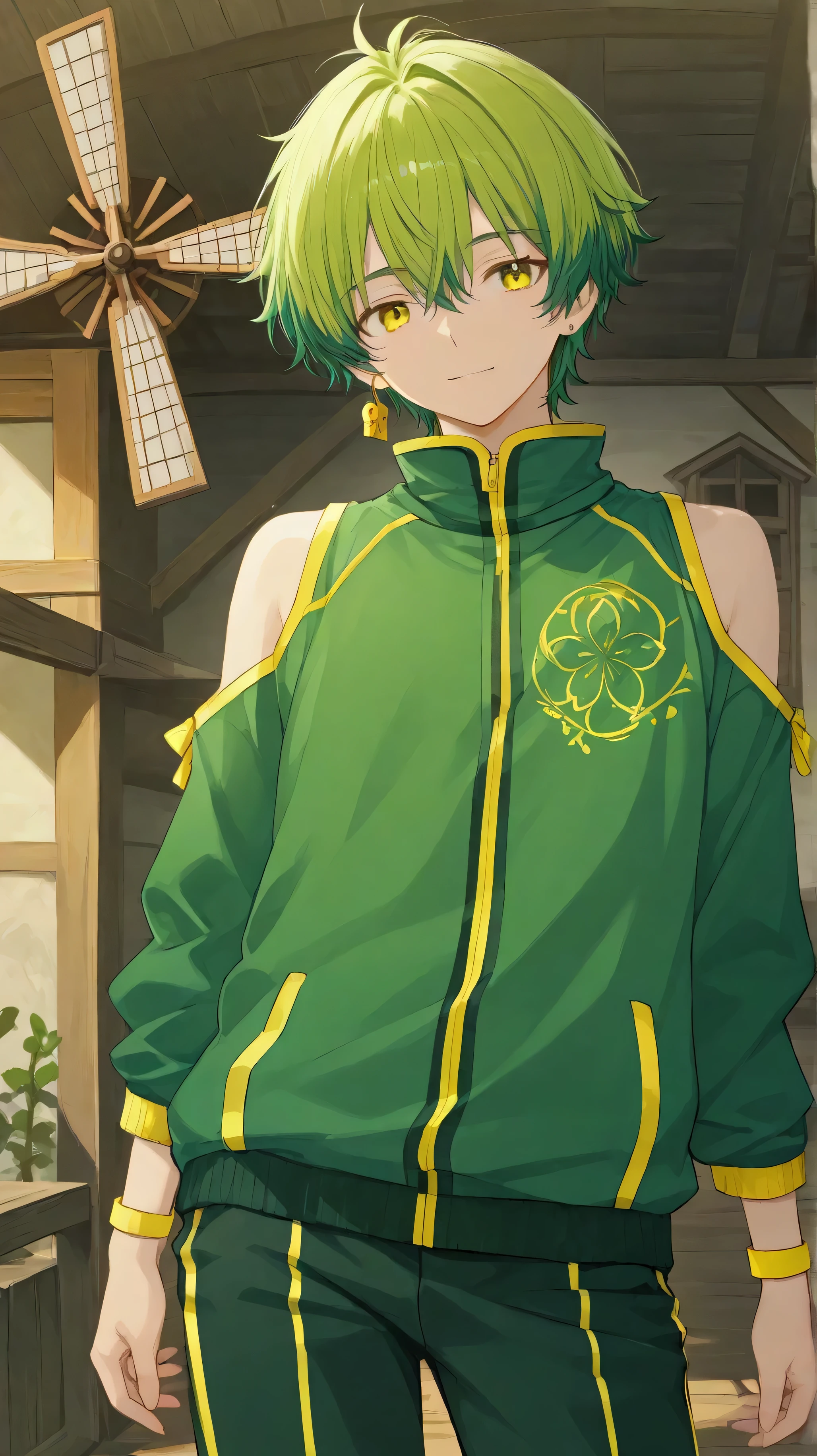 young man, twink, (((male))), (((man))), (1guy), (((single))), (((solo))), (((green hair))), (((golden eyes))), (medium short hair), (chin-length hair), wavy hair, slim body, ((flat chest)), (((fantasy style))), ((wearing orange leaves in his hair)), (((yellow leaves in his hair))), (((red leaves in his hair))), red berries in hair, flowercrown, ((pointy ears)), (((gold colored eyes))), smooth skin, bare legs, (wearing fantasy clothes), revealing clothes, (brown leaves), (pinecones in his hair), gold details, autumn, fall, smiling, garden in the background, fantasy palace in the background, red apples in the background, pumpkins in the background, sunny weather