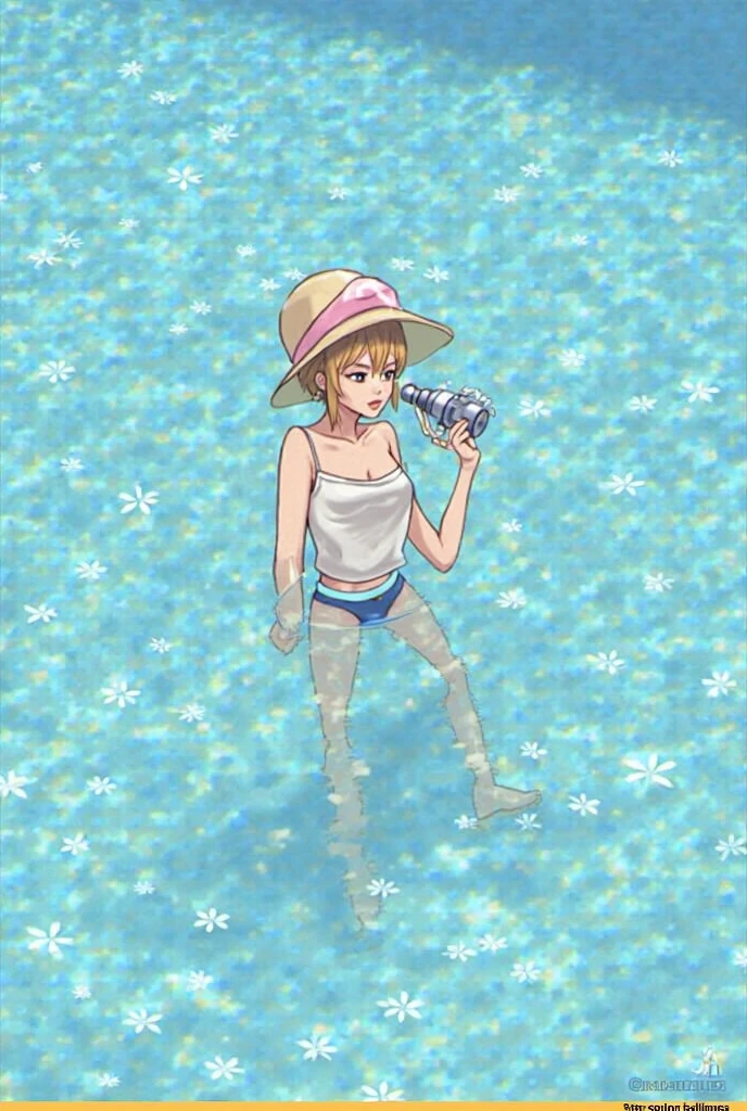 (superflat, flat shading, flat colors:1.1), (seaside), 1girl, tomboy, little, 10yo, slim, flat chest, (tanned skin:0.6), short blonde hair, blue eyes, (striped panties), striped bra, straw hat, from behind, bottom, lean forward, bending back, look back, holding ice cream, smile, wind, blue sky, bright sunlight, best shadows, watercolor,