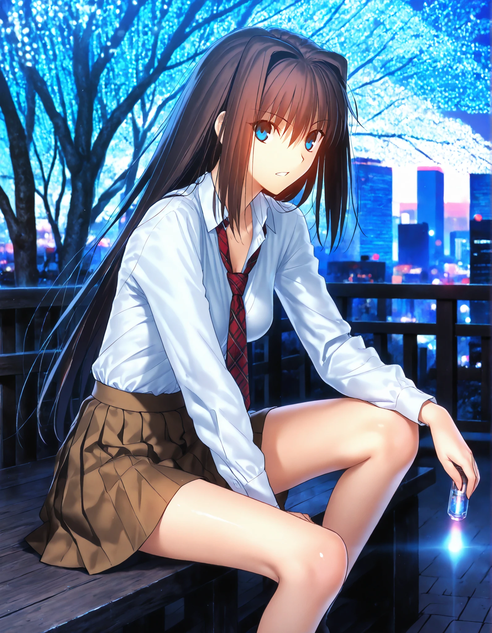 masterpiece, , absurdres, highres, detailed background, high resolution, masterpiece, necessary, detail, best quality, quality, necessary, details, High details, Precise, outdoors, (city, colorful light particles, powder light,),day lens flare, blurry background, from side, solo,
1girl, , , official style , (type-moon,tsukihime) style, koyama hirokazu style, shiny skin, sitting, ,
tall girl, slim body, slender body, aozaki aoko, brown hair, long hair, hair intakes, blue eyes, , Aoko_ , school uniform, (open white shirt, bare neck), plaid necktie, brown skirt, pleated skirt, long legs, slim legs, looking at viewer, ,small breasts, ,