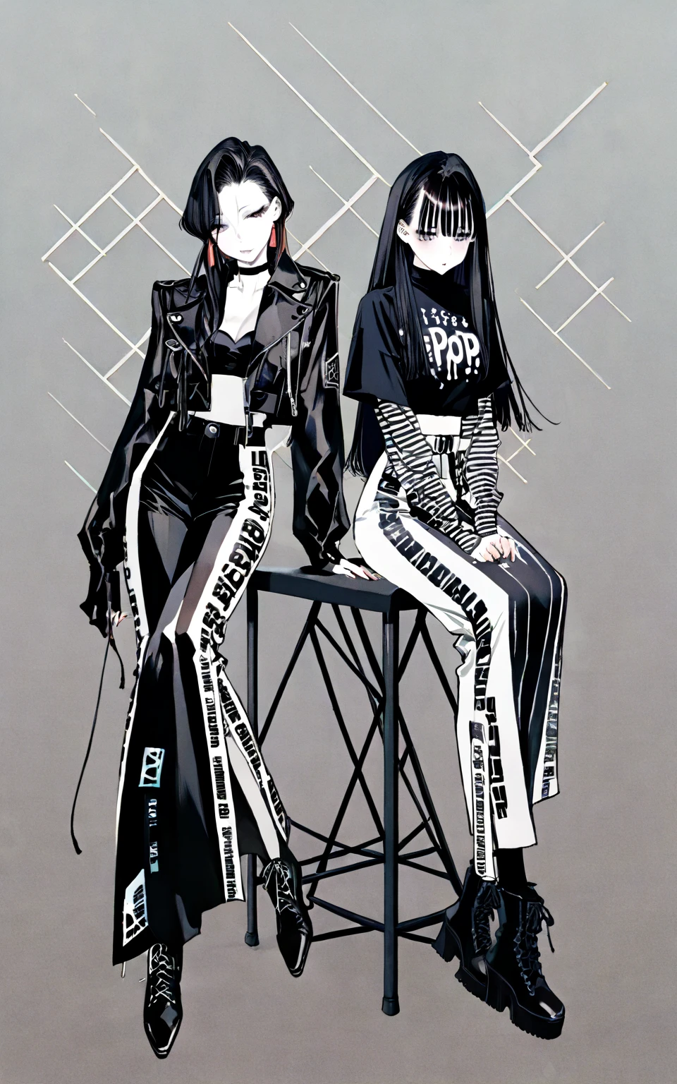 (masterpiece, top quality, best quality, official art, beautiful and aesthetic:1.2), tricky cyberpunk black rabbit designed boot-top graphics on the front of each boot (1girl:1.3), heterochromia, SharpEyess ,from below, gear,white background, full-body_portrait, white tops and black mini skirt, wearing black boots,SharpEyess