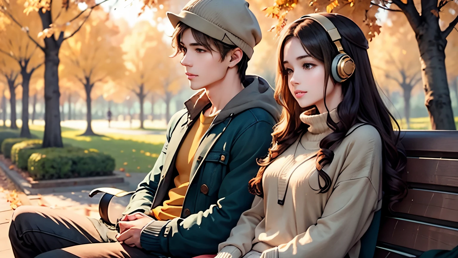 Young man and woman with headphones, sitting on a bench under golden autumn trees, sharing headphones, soft falling leaves, warm cozy clothes, serene anime vibe