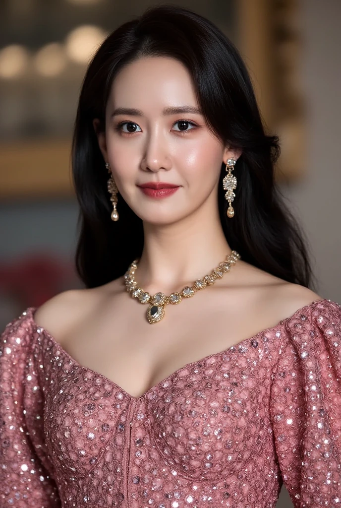 Close-up photo of a beautiful Korean woman, Bust size 34 inches, Dressed in Baroque costume, necklace, standing in the pearl room, UHD