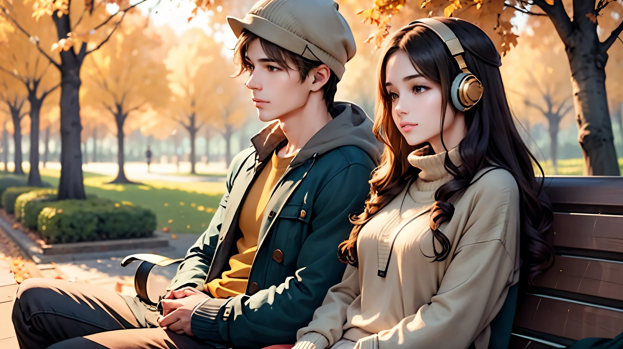Young man and woman with headphones, sitting on a bench under golden autumn trees, sharing headphones, soft falling leaves, warm cozy clothes, serene anime vibe