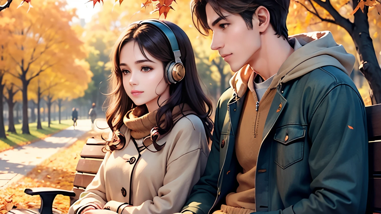 Man and woman with headphones, sitting on a bench under golden autumn trees, sharing headphones, soft falling leaves, warm cozy clothes, serene anime vibe