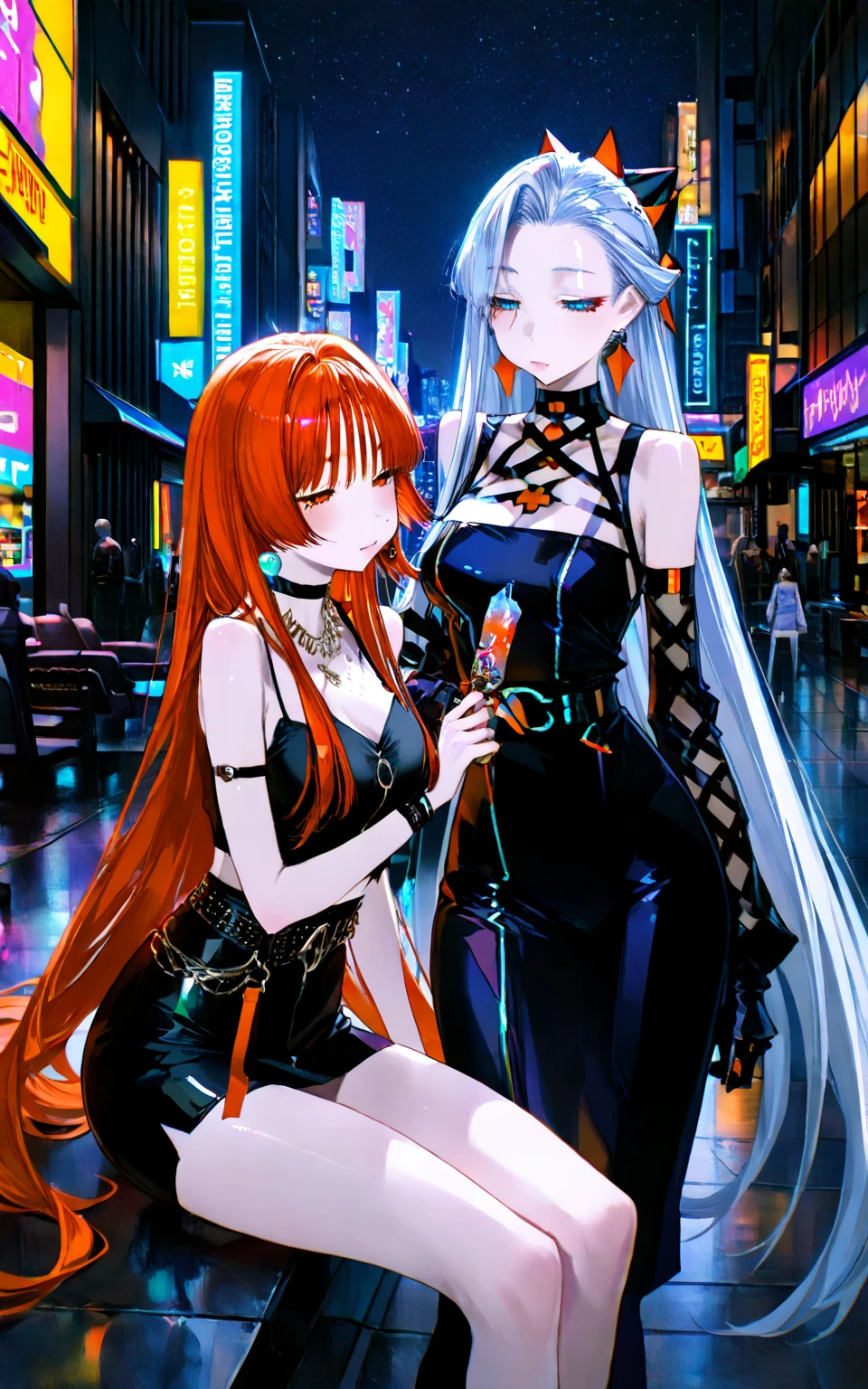 (Two persons) Adult woman with red hair and green eyes, long hair. (Elegant) Woman with purple hair, medium dark skin, short hair, gray eyes. Neon lights, futuristic