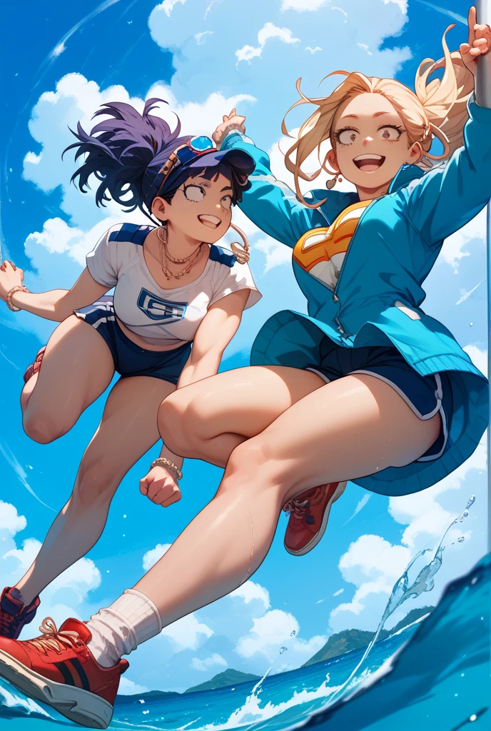 Ronnie Anne, hoodie, shorts, black eyes, ponytail, tanned skin, full body, curvy arms, defined legs, beautiful, pose, in the beach, long socks, curvilinear legs. one leg raised the other on the floor, stretching out a leg, two girls stretching, crossing legs, holding legs between them