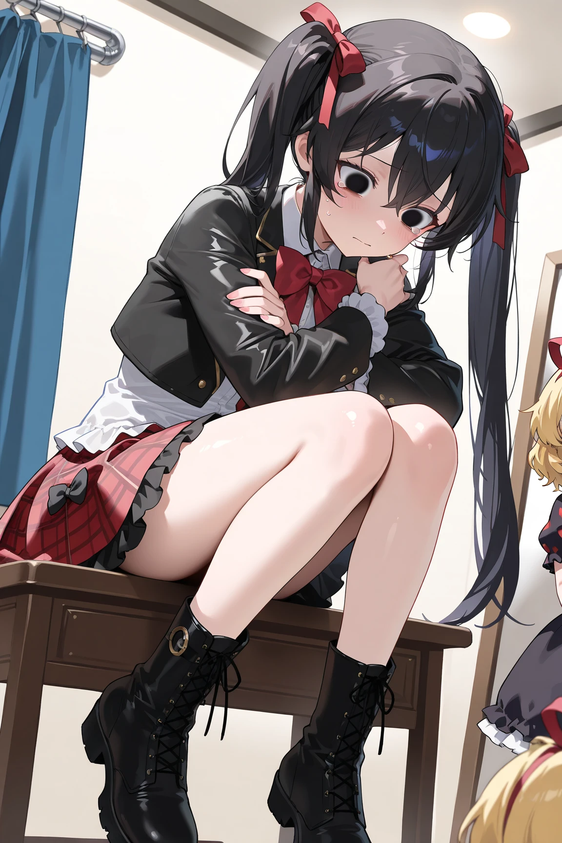 One girl in a mini skirt, Squat with your legs wide apart、Looking down at the viewer, Twin tails, Highest quality, Focus on the thighs, Dynamic pose, smile, blazer, blouse, Black Pantyhose, panties under pantyhose, , classroom, Black Hair,My thighs are steaming between the legs 、Sweaty pantyhose