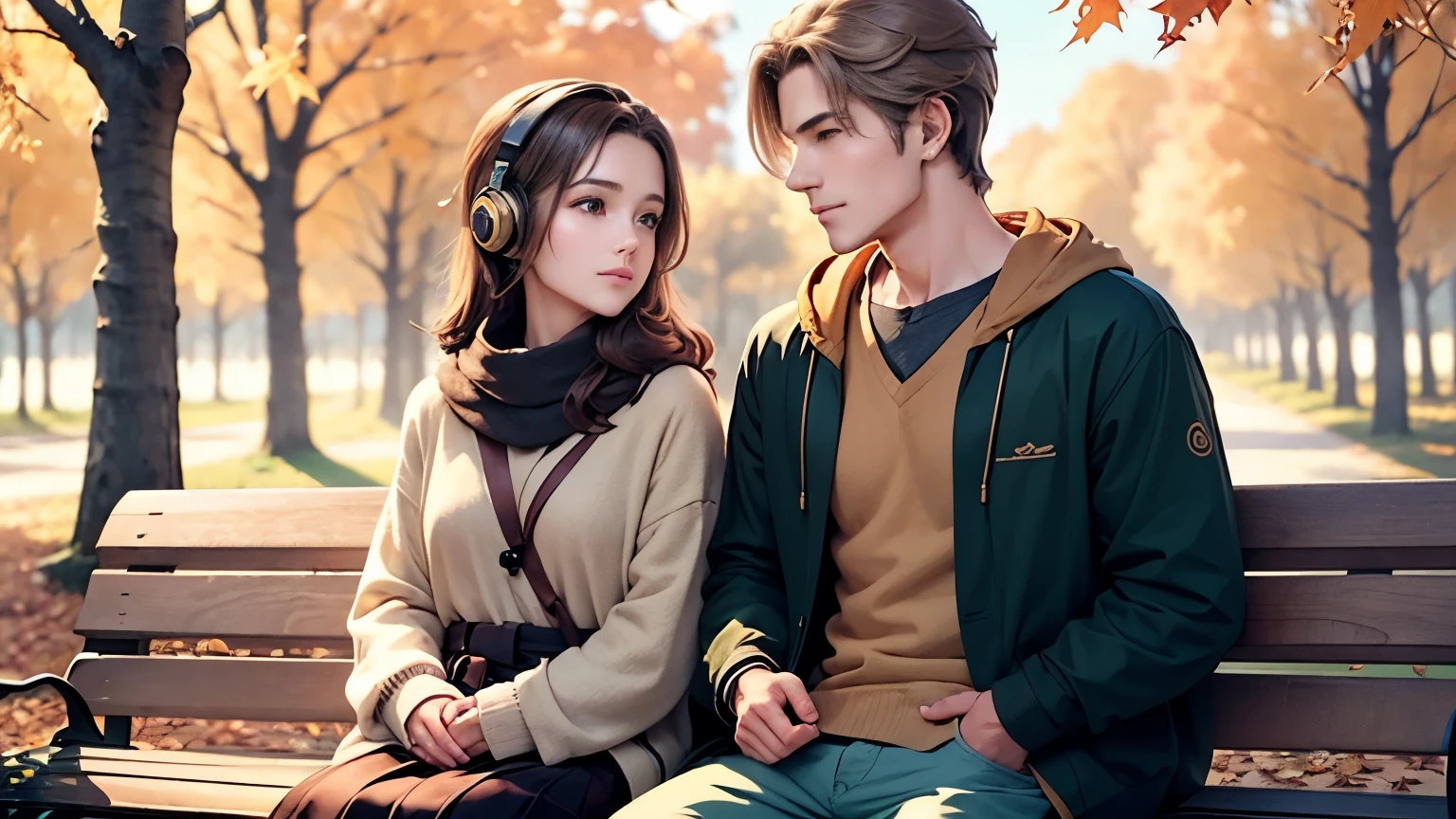Man and woman with headphones, sitting on a bench under golden autumn trees, sharing headphones, soft falling leaves, warm cozy clothes, serene anime vibe