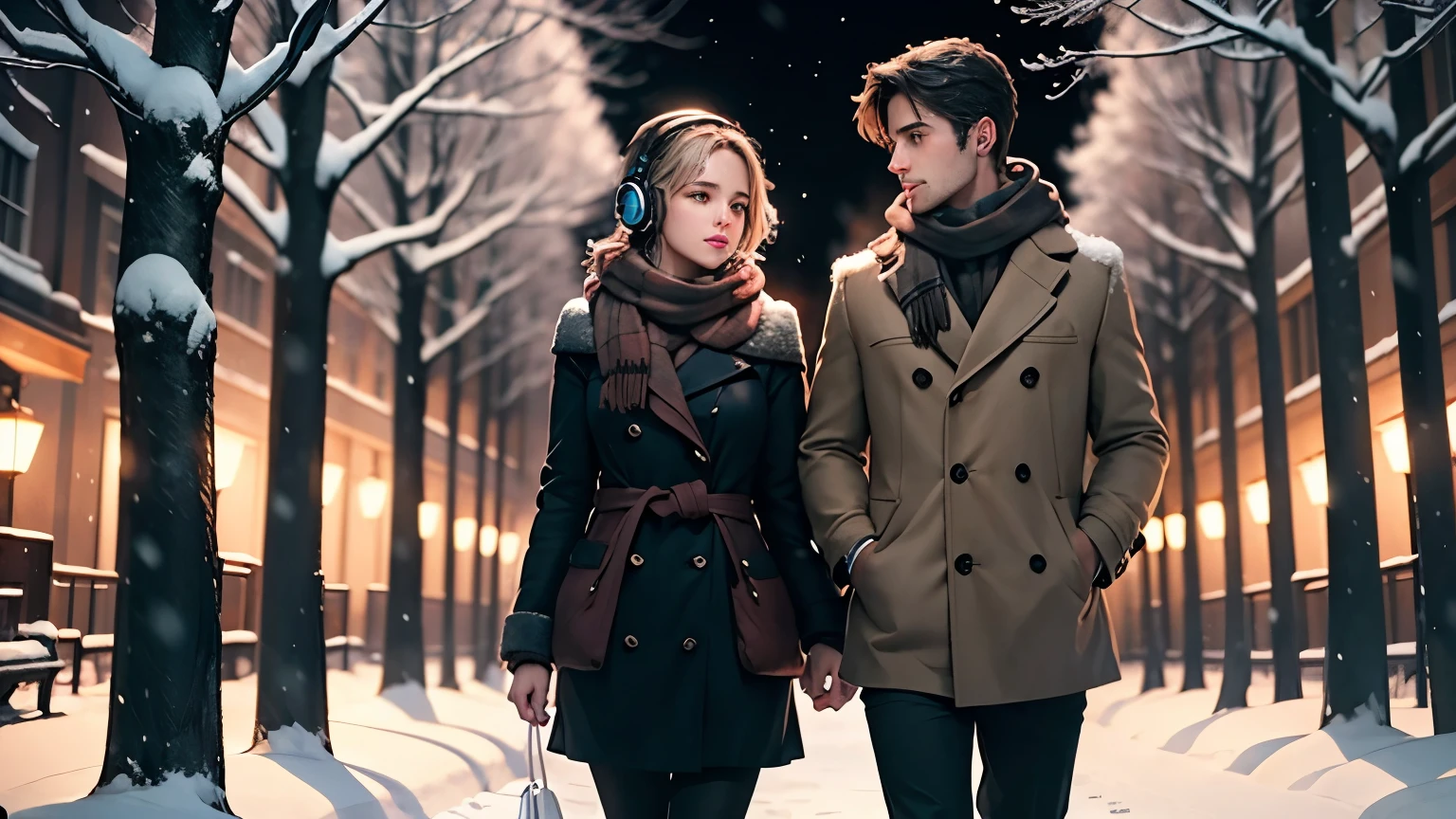 Man and woman with headphones,  standing under a snow-covered tree, headphones on, snowflakes falling slowly, warm scarves and winter jackets, quiet magical night, cinematic lighting