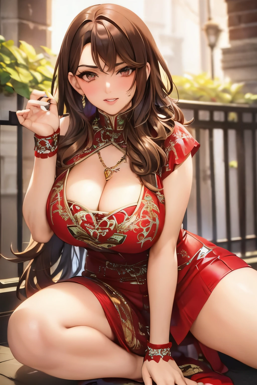 #Basics A girl is posing for a photo, animeのかわいい女の子, (((One Girl, Baby Face, Young girl, 16 years old))),
BREAK
#Clothing Accessories
((Shiny red background(long)China dress) : Sleeveless high neck + Gold dragon embroidery + long丈のスカート部分にサイドスリットが入っている + Tight fit at the waist with a black belt + Black open finger gloves + Black High Heels),
small red earrings,
BREAK
#Features
((Blonde)), Curly hair, (Double bun hairstyle + Red string ribbon),
(Droopy eyes, blue eyes),
BREAK
#background environment
(noon、(Stone path lit by sunlight, garden, There is a big tree behind)),
#Facial Expression Pose
((Wicked Smile), (A powerful, aggressive standing pose with arms naturally hanging down at the sides, Back view + turn around)),
#composition
((Face the camera, Cowboy Shot)),
BREAK
#Body parts elements
(Detailed hair, Beautiful Hair, Shiny Hair),
(double eyelid, Long eyelashes),
(Expression of fine eyes, Beautiful and delicate eyes, Sparkling eyes, Eye Reflexes, Glitter Eyeliner),
(Human Ear),
(Beautiful Nose, Thin Nose),
(Glossy lips, Beautiful Lips, Thick lips, Glossy Lips, Natural Cheeks),
(Detailed face, Symmetrical facial features),
(Detailed skin, Textured skin, Beautiful Skin, Shiny skin),
BREAK
#Quality
(((Highest quality)), ((masterpiece)), ((Very detailed))), ((High resolution), (16K,1080P)),
(Realistic), (Anatomically correct),
((comics, anime)), (3DCG), CG illustration,