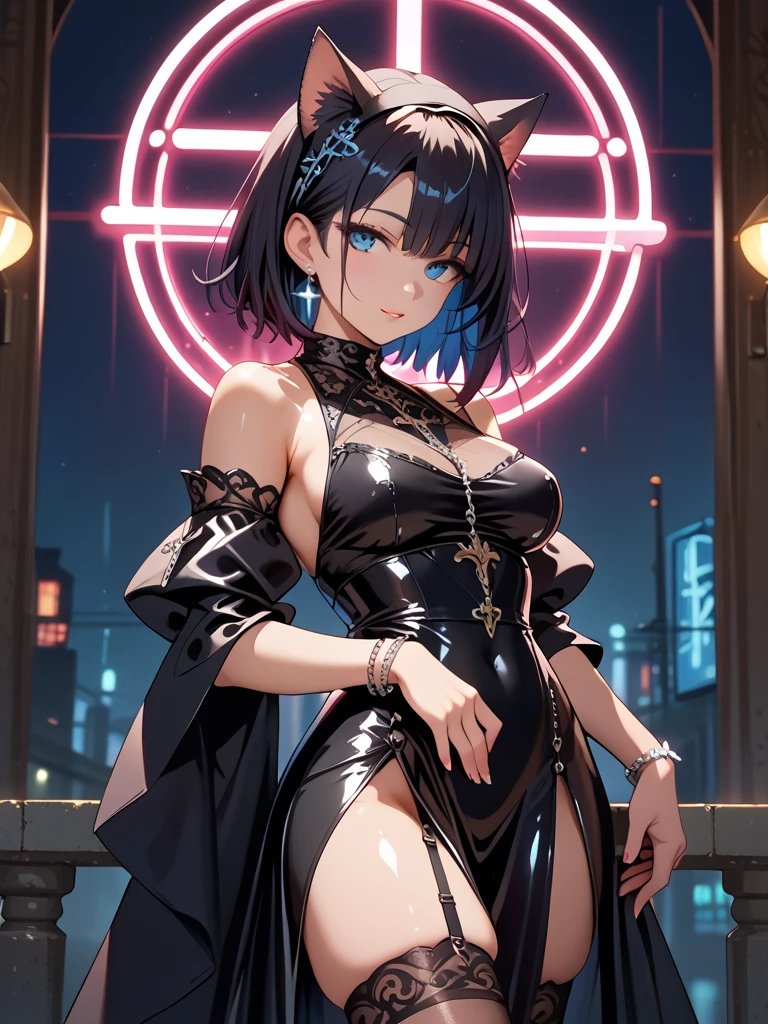 (masterpiece, best quality, detailed face, super detailed, advanced details, highest quality, high resolution, 8K) A cinematographic scene of a slim and sexy girl, loose long black hair, sapphire eye color, dressing a black half dress semi naked at a strip bar and neon lights in the background