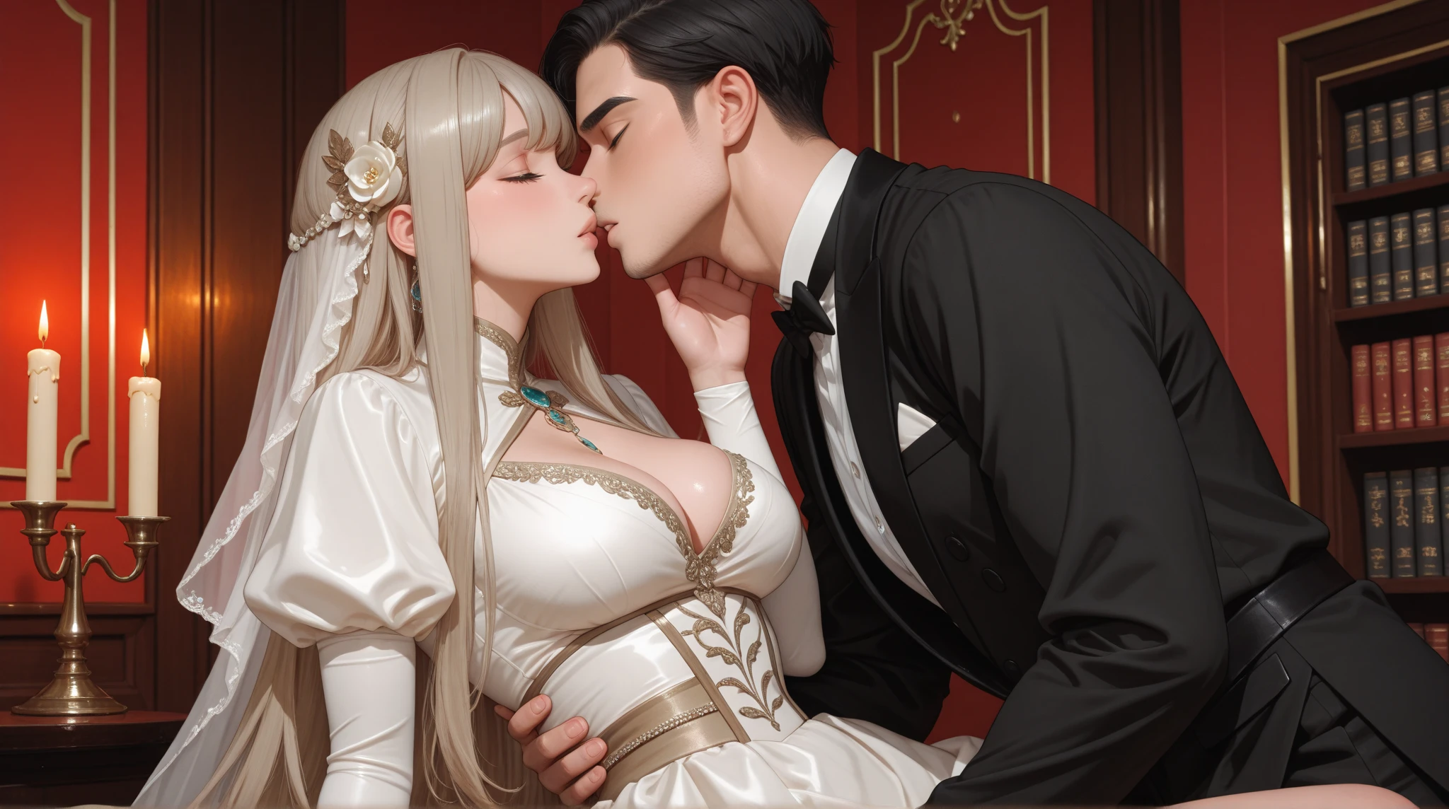 ((Highest quality)), ((masterpiece)), (detailed), （Perfect Face）、The woman is an Italian named Tsukino Usagi, and is wearing the gorgeous and glittering Italian traditional Sardinian costume in a luxurious Italian mansion, a lavishly decorated velvet jacket, a long veil, gorgeous jeweled accessories and an engagement ring. The woman and the man are sitting on a luxurious, large sofa in the luxurious room, and the woman is being embraced by a dignified, bearded middle-aged man wearing an Italian traditional costume, who is touching her breasts and groin and kissing her.、The woman is the elegant Tsukino Usagi, with long blonde hair in a chignon twin tail, wearing a velvet jacket decorated with the Italian national costume of Sardinia, and a long veil.、the woman is pregnant、The man is a dignified, muscular, bearded Italian man dressed in Italian national dress.