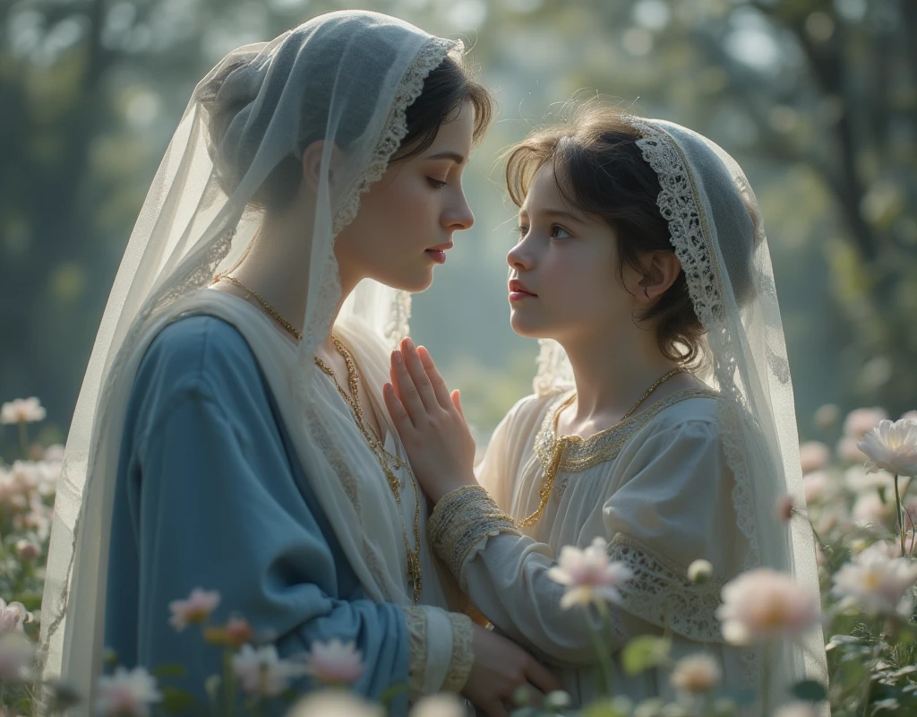 Realistic photo of a woman looking gently at a child girl, Santa ana, mami, Mother of Mary, arte bonita, beautiful depiction, Retrato da Santa Ana, catholic religious art, Rosen Maiden, Sagrado e belo, com um fundo azul, Boregov, Obra-prima de Guweiz, arte sacra, Christian art, pintura religiosa