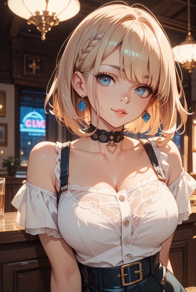 (best quality,4K,8k,high resolution,masterpiece:1.2),super detailed,(actual,realistically,realistically:1.37), Ultra high definition face, Woman in medium sized skirt with slit posing for photo, (black large t-shirt with white frills:1.5), ((glossy lip)), attractive girl, (beer girl:1.2), jaw-dropping beauty, large breasts, (cleavage of the breast:1.6), Thin waist and thick hips, hourglass figure, rosy cheeks, (((beautiful blonde hair with pink mesh))), ((pink mesh hair))Alluring with a smile, Bokeh, Dynamic Angle, (((Leaning forward:1.2))), close arms, Close-up face:1.5, whole body, From below:1.2, (Correct Anatomy:1.6, Ideal body proportions, The right move:1.5, Small hands), in the
photography studio, ((taking beer glass))