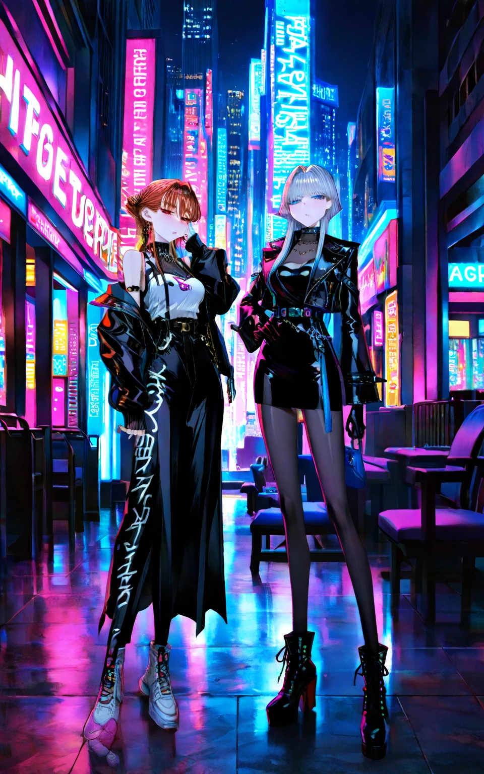 A single girl, depicted in a solo portrait, is the focus of this official art piece. The image is an 8k resolution wallpaper that showcases an ultra-detailed close-up of her face. It's a beautiful and aesthetic representation, truly a gorgeous masterpiece of the highest quality. The atmosphere is fantastic, with a calming color palette and a quiet mood enhanced by soft shading. She embodies a priestess named Miko, complete with a charm spell and a family talisman, fulfilling her priestess duties. The dark aesthetic is complemented by her attire—a suit and tie paired with black leather shorts adorned with numerous chains, and a black leather jacket. The backdrop features the cityscape of Tokyo, while her messy short purple hair adds a touch of chaos to the serene composition.