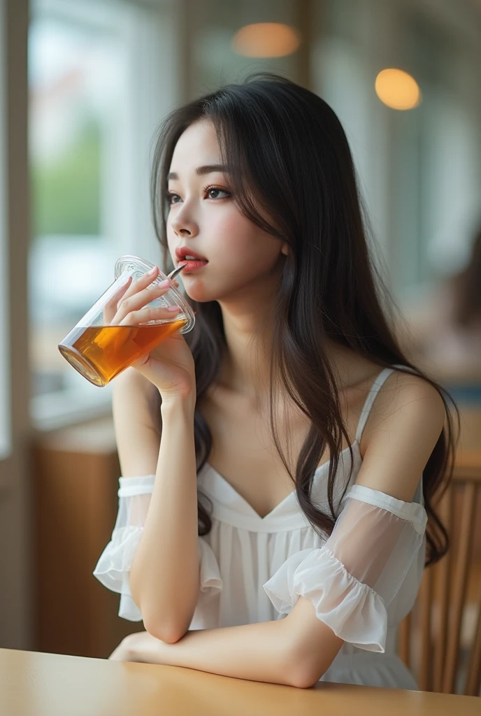 korean beauties, mixed korean, realistic, (((Best quality))), 8k, ((masterpiece)), (extremely delicate and beautiful), Highly detailed, ((Highly detailed face)), (Highly detailed eyes)) , Best quality, 1 girl, alone, (high detailed white shirt: 1.1), shiny skin, dark hair, (big tit: 1.4), short skirt, (drinking coffee), in a park