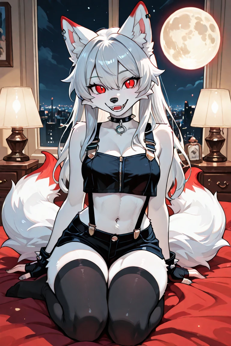 (fluffy anthro furry :1.6),(young :1.6),cat girl,white long hair,wavy hair,messy hair,white fur,pubic fur,neck fur,ultra detailed fur,black onepiece swimsuit,sleeveless,bare shoulder,shoulderless,red bowtie,night club,neon light,exciting face,smile,open mouth,full face blush,heavy breath,heart eyes,heart eyes expression,crawling on red sofa,sexy pose