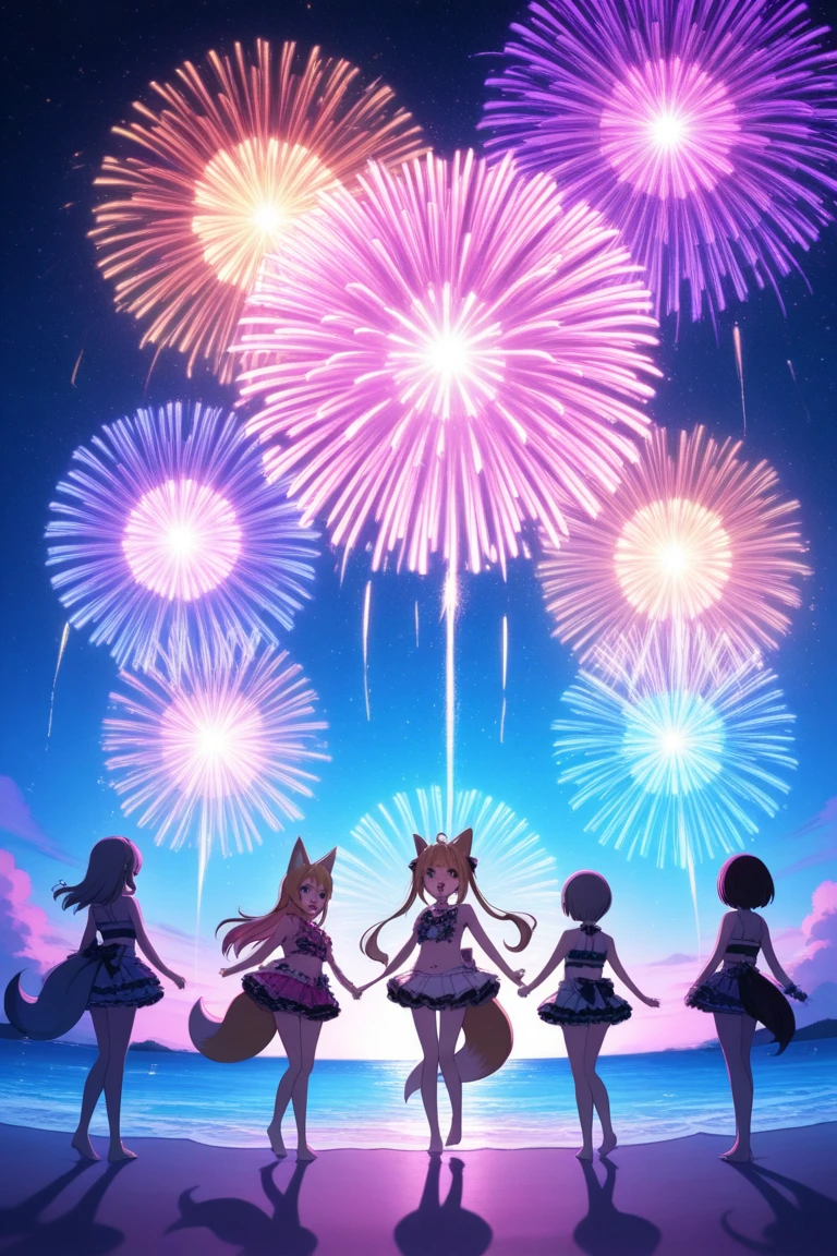 Party game, animal crossing game-like, dancing at Chrismas party, firework in the sky, cute girls, half-length portrait --auto --s2