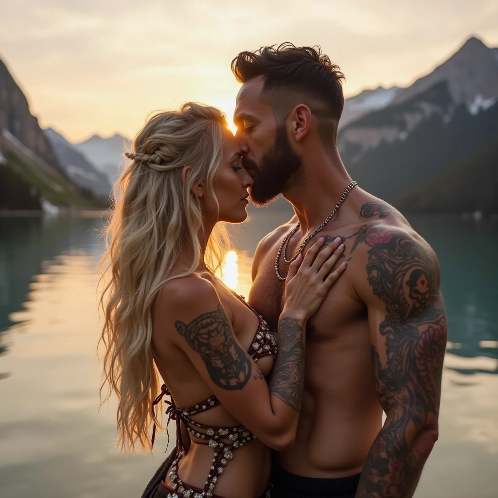 long shot full view 2 naked people romantic scene , man carrying a woman in his arms, hugging her, kissing her, a lake with a snowy forest and mountains with a red sky, hombre con musculatura cabello negro humedecido ojos grises seductive look labios carnosos earrings piercing tatuado vestido con pantalón vaquero y botas catganeo en sus brazos y besando a una mujer delicada, model face,diamond shape, grey-blue eyes, black shadow, seductive look, long black hair with pink and white highlights, SEPTUM,earrings, Both of them tattooed and naked making love.