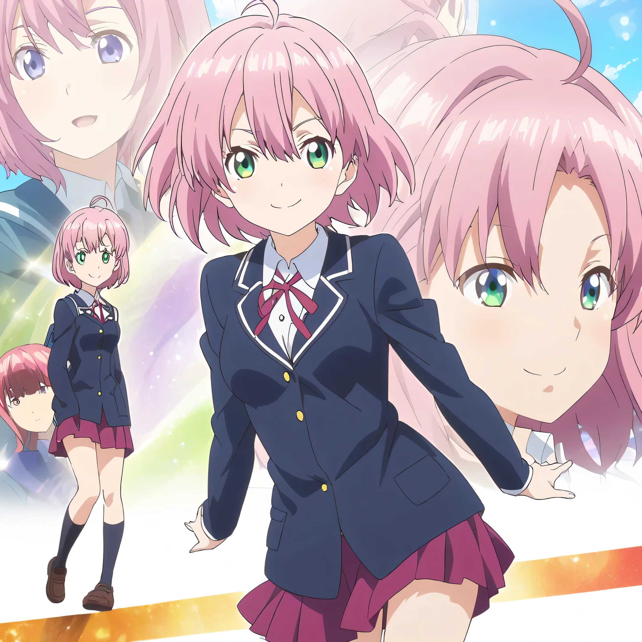 Anime Styles, Pink hair, Ahoge, very short hair, green eye, blue school outfit, medium Breasts, Magenta mini skirt, black long socks, school shoes, White Background, smile, girl, anime girl, HD, Illustration