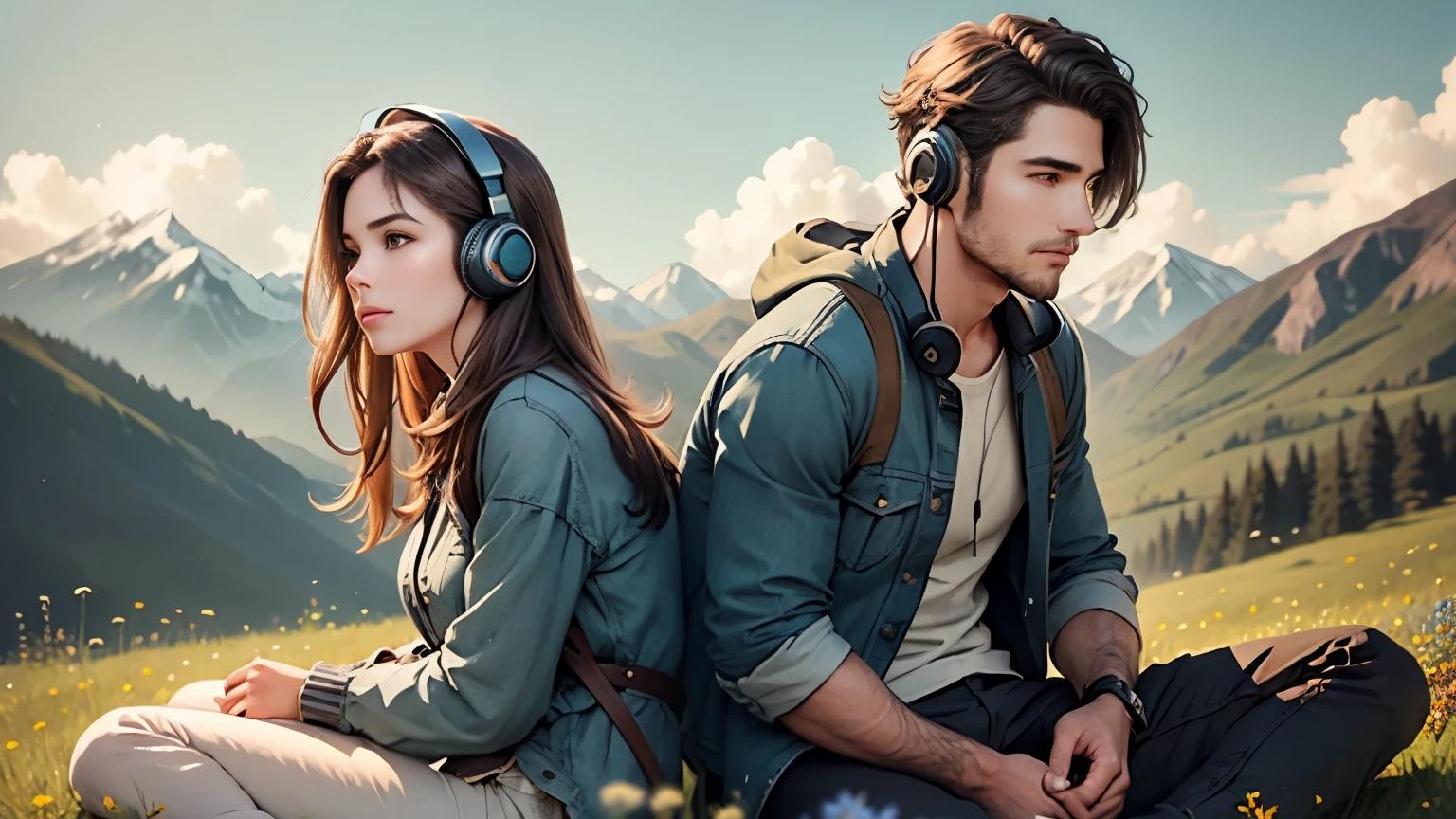 Man and woman with headphones, sitting on a grassy hill with wildflowers, overlooking mountains, both with headphones, wind gently moving their clothes, calm and inspired moment
