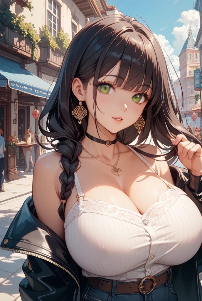 Big breasts, she is a Beautiful Woman ((beautiful woman, fair skin, 23 years old)), ((black hair with red highlights, natural punk style, glitter, earrings, black choker, wavy bangs)), double eyelids, blue eyes, clear and detailed eyes, hyper detailed, light effect on the eyes, detailed iris, with incredible breasts and perfect waist, and an extremely sensual body, ((with straps, red maid skirt dress, ruffled dress, short skirt, skirt puffy, puffy sleeves, short sleeves, black lace stockings, stylish, open in the middle of the breasts)), ((round breasts))), beautiful makeup, cleavage, ((masterpiece, hyper realistic, hyper detailed, best quality , 16k , effect of light and shadow on the skin, vivid colors)), eyeliner, passionate expression, perfect pink lips, innocent and sexy face, passionate smile, ((skin with light and shadow), beautifully seductive, ((she is beautiful) ), sensual pose, flirting with the viewer, in variable sensual pose, in the field, house next door, flowers in the field, body tilt forward: 1.3, beautifully seductive