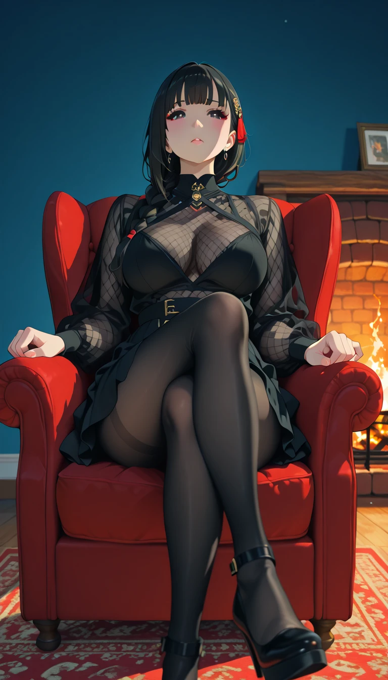 masterpiece, best quality, finely detailed, 1girl, (brown hair), (brunette), (really short hair), (pixie cut), (hair down), (pale ivory skin), cute, (red eyes), (eyelashes), (huge breasts), (cleavage), (black bdsm top:1.2), (red highlights in hair), sitting down in chair, ((legs open)) bdsm, spikey accessories, night, dark interior design, ((large breasts:1)), vampire, gothic, fantasy, ((full body)), ((curvy)), dark, eerie, evil, edgy, holding sword