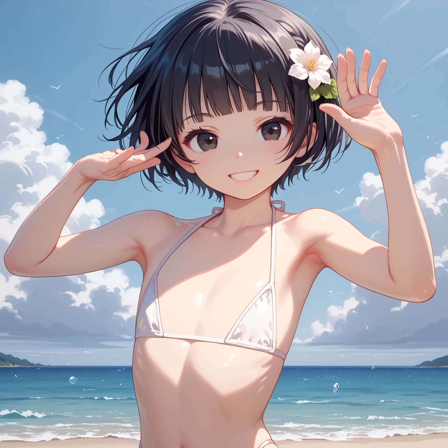 10 years old,Girl,,Flat Chest,Full nudity,Highest quality、High resolution、Detailed Background、Beautiful face in every detail、Teenage Beauty、Black Hair、Bobcut、Big smile、boost mood、 Summer sun、Shining Sea,Hands behind back
