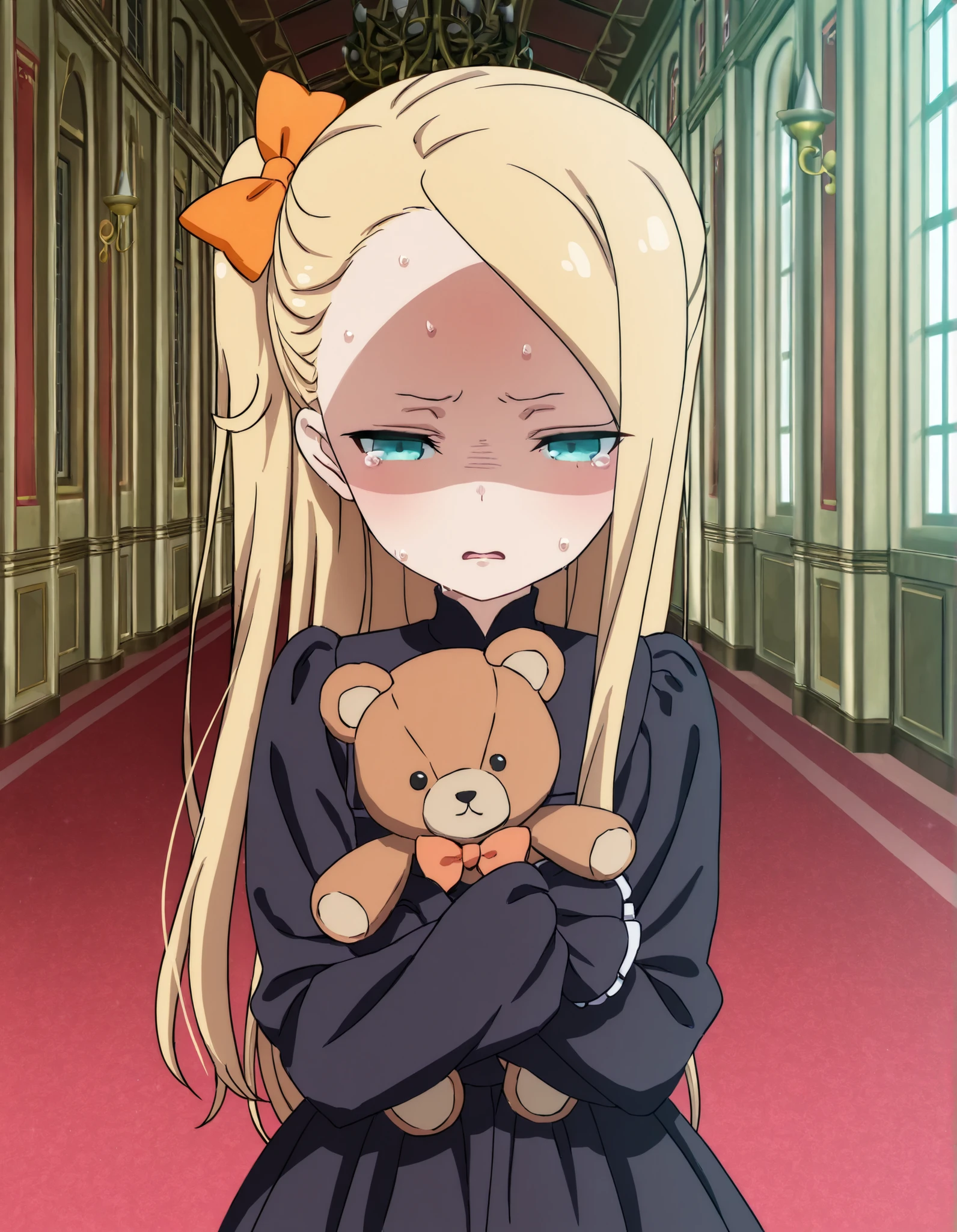 masterpiece, best quality, (best illustration), ultra-high resolution, score_9, score_8_up, score_7_up, BREAK source_anime, shiny skin, perfect eyes, (detailed face and eyes), (((solo, 1girl, solo focus))), blonde hair, aqua eyes, long hair, side ponytail, single sidelock, forehead, hair bow, polka dot bow, orange bow, black dress, long sleeves, sleeves past wrists, sleeves past fingers, indoors, mansion, holding teddy bear, anime coloring, sweat, skindentation, (cowboy shot), Erotic_style, steaming body, sweaty, very sweaty, sweat stain, sweaty clothes, shaded_face, disgust, disgust_face, furrowed brow, narrowed eyes, sick, tears, upper body,