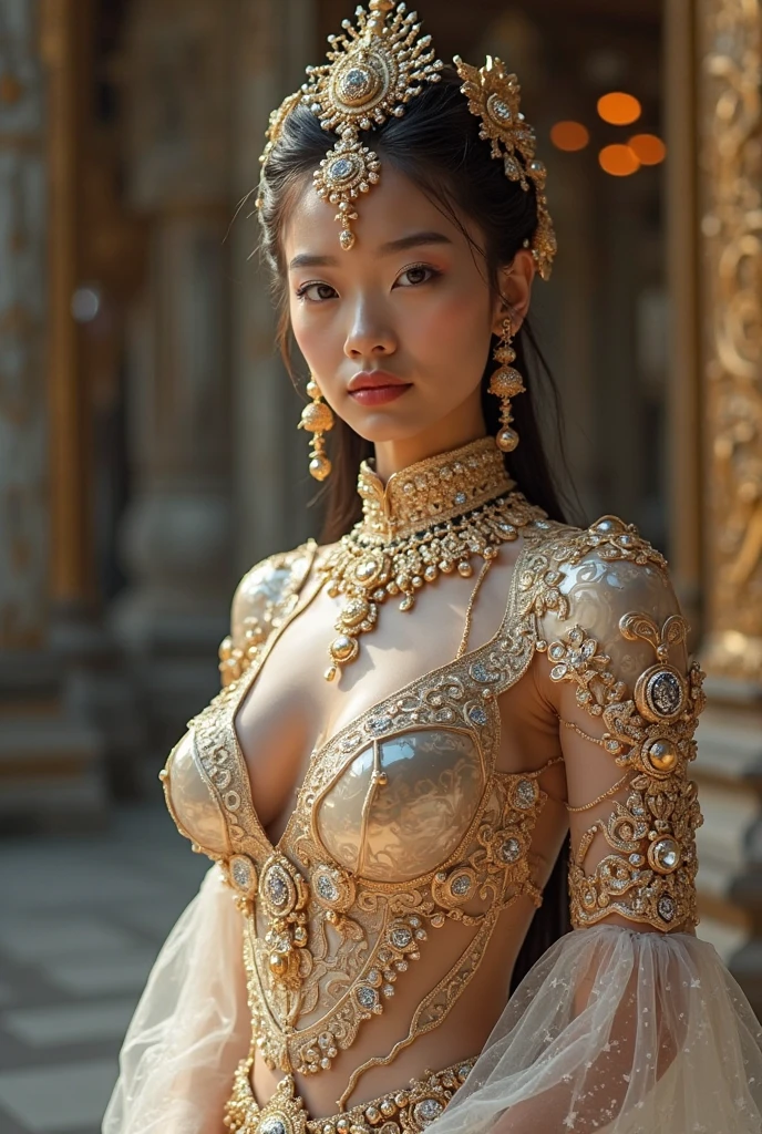 A meditation Goddes, detailed Thailand girl face, (extremely detailed intricate mechanical tiara :1.2), made out of gold, made out of black steel, (reflection:1.1),  glassy, (Lotus positioning meditation), intricate detail, best quality, natural lighting, blue sky and clouds in background,  long messy hair, intricate clothing, golden gears clothing, grinning, tilted head, full body portrait, bright eyes, intricate hair, intricate clothing, puffed breasts, ample cleavage, ((full body shots))