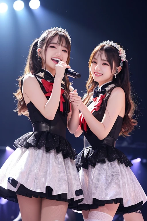 Black Hair、Twin tails、Cute school girl、Green Eyes、Japan anime、Idol Costumes、There are lots of sweets and candies on your clothes、Lots of white and pink frills、whole body、Holding a microphone、Be on stage、white jade、The clothing designs are more elaborate