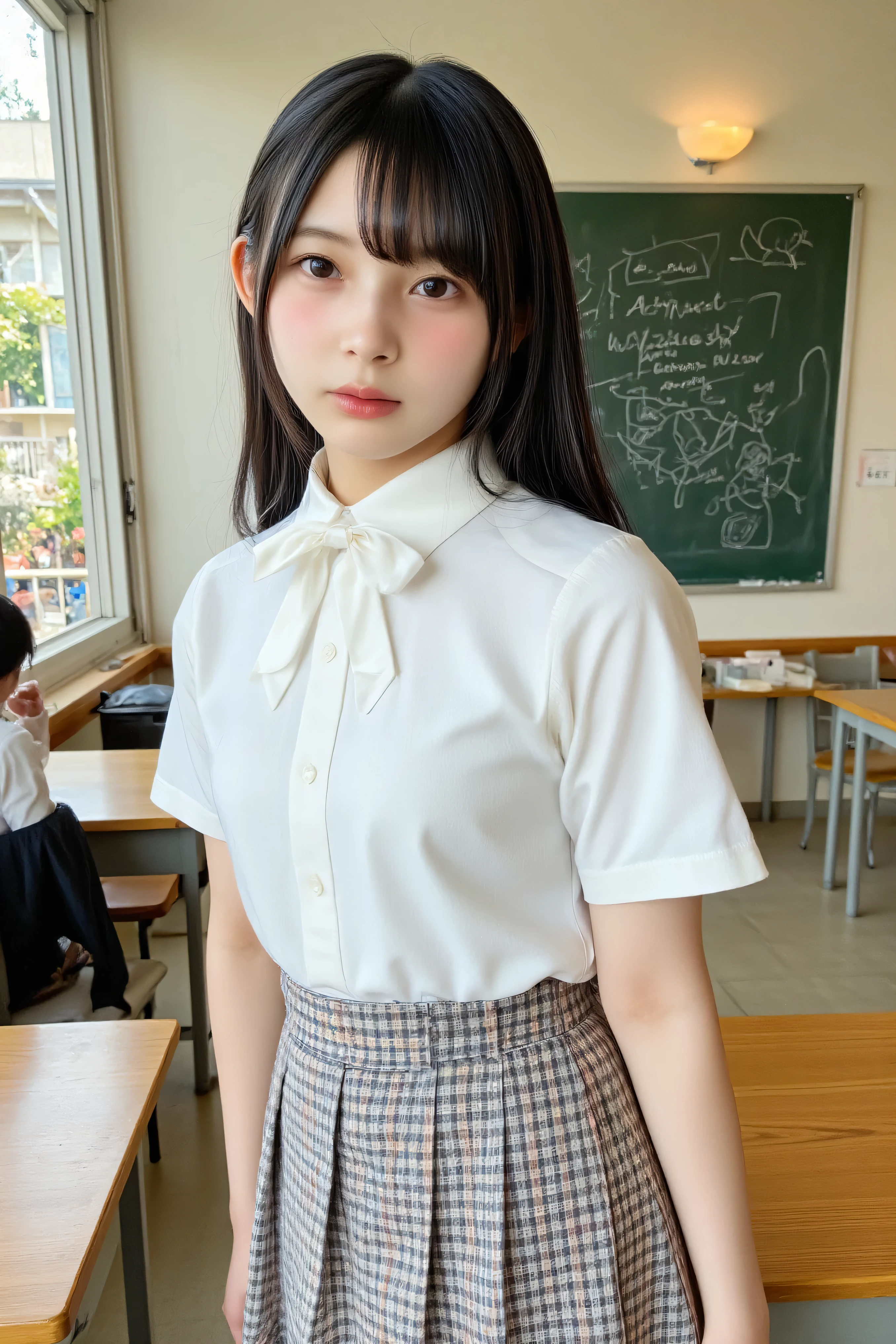 ((highest quality, masterpiece :1.3)), Photorealistic、Ultra-high resolution、Natural skin texture、Hyperrealism、Photograph from the knee up、12 year old beautiful Japanese girl、Short Hairstyles、Large breasts、White collared shirt and tie、mini skirt、Frightened expression