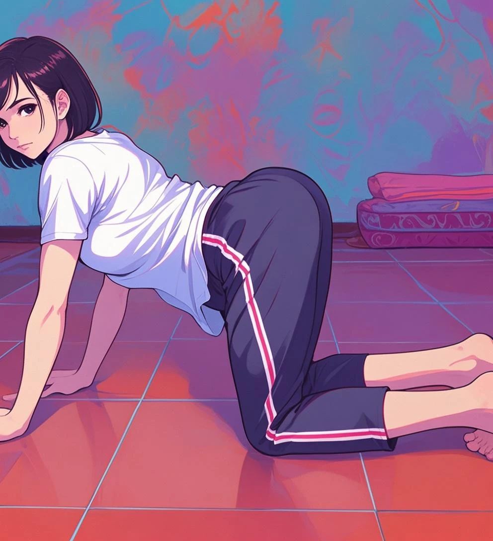 ((Medium Shot)), beautiful girl, slender, very short brown hair, wear a white long-sleeved T-shirt, white bikini panties , Perfect hands, Perfect body, get down on all fours, barefoot, The eyes out of sight , ((Exquisite detail)), Very finely crafted fingers(((10 fingers))), , (Full-body showcase), (Show your whole body), (No logos on background), (No logo), ((Plain background)), ((Plain background)), bare foot, The camera frame is taken from below.,
