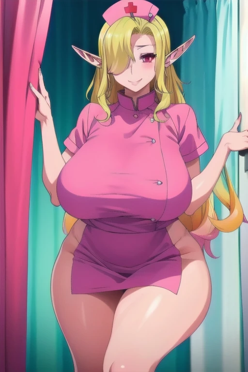 Nude women, blonde hair, long length blonde hair, hair touching the floor, evil smug grin, naked, big breasts, thick body, Standing, in the living room