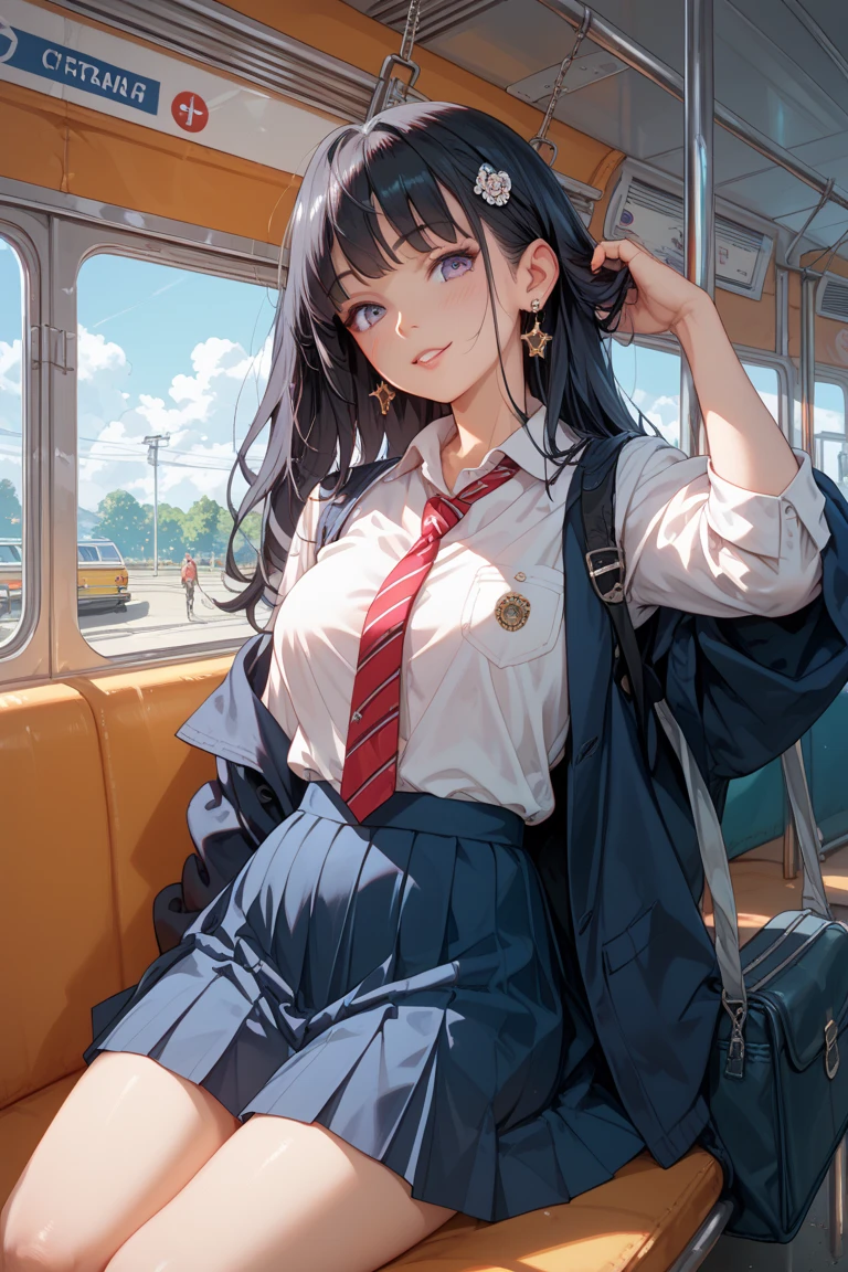 NSFW,4K,Gal:1.3,Anatomically correct,school uniform:1.3,A pure and innocent girl, Very cute face, Like an idol, (masterpiece:1.2), (high quality), panties, loose socks, Hip, Blue Skirt, alone, Blazer Type, loose socks, Lifting clothes, Brown eyes, pure gaze, mini skirt, Lift yourself up, Check skirt, blush,((Mid-chest)), (Sweating profusely), Long Hair, physical education, Beautiful legs, ((in the train))