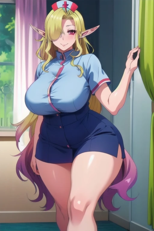 score_9, score_8_up, score_7_up, source_anime,masterpiece,best quality,highres,absurdres,official art,official style,source_anime,anime screencap,anime coloring,megami magazine,anime,explicit, shiny skin,large breasts,lucoa (maidragon), multicolored hair, blonde hair, green hair, gradient hair,dragon girl, horns through headwear,baseball cap, blush, side, on side, smile, looking at viewer,full body, front view, black string panties, bare chest, exposed breasts, cameltoe, sitting down, spread legs, legs up
