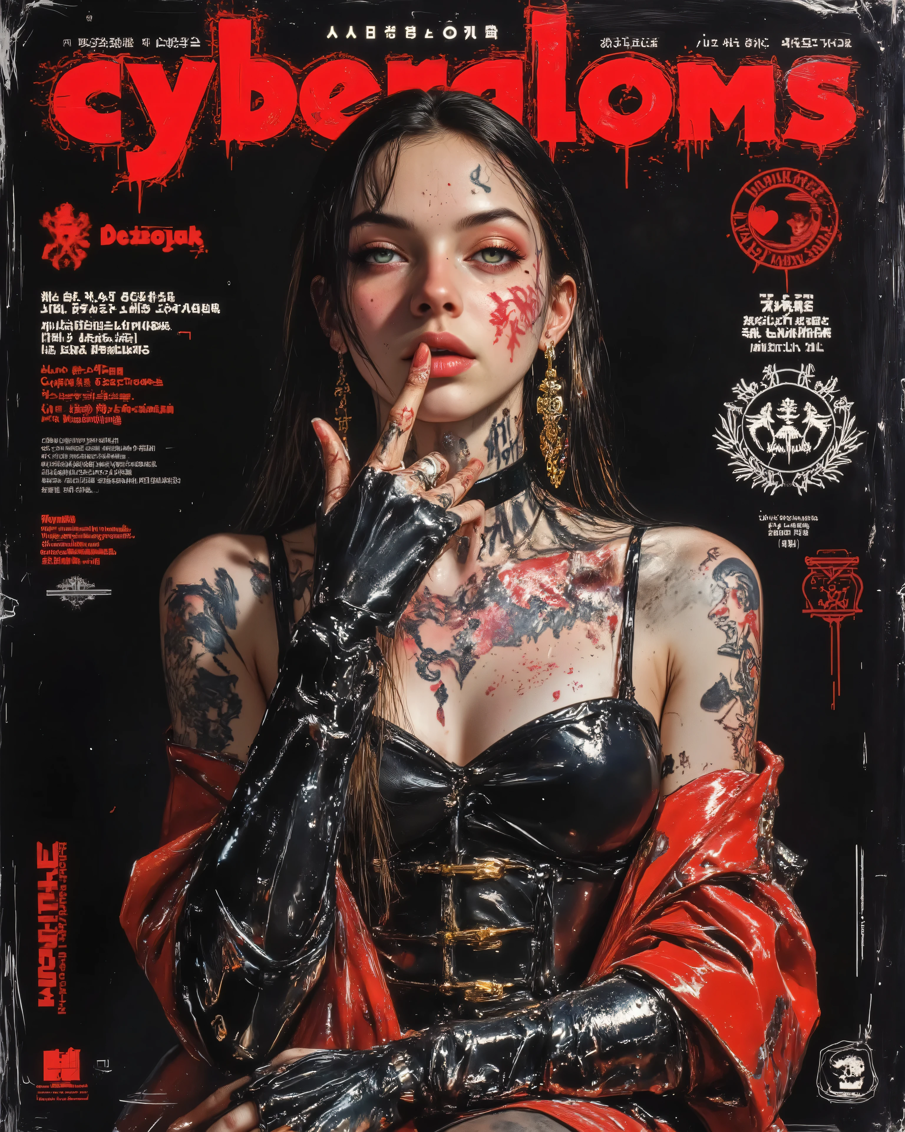 wicked, Dark and dangerous world of picture books!、((Dangerous World:1.2)) fashion photography、((Movie poster: "Cybergloms" Olbamedusa presents:1.2))、portrait,a young woman, Photorealistic, Later ,genuine leather ,armor , super fine ,mafia ,facial tattoo, ,(shows the HEART finger as a mockery:1.2),long hair、(Paris Runway Collection:1.2)
