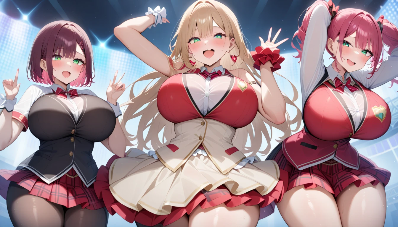 best quality, intricate detailasterpiece:1.2, best quality:1.2, beautiful, high quality, highres:1.1, aesthetic), detailed, extremely detailed, ambient soft lighting, 4K, perfect eyes, perfect face, perfect lighting, 1girl, solo, huge breasts, huge ass, huge thighs, narrow waist, wide hips, thick thighs, curvy, Oshinoko drawing, standing, looking at viewer, Ruby Hoshino, focus on beautiful women, perfect beautiful female solo, solo woman, long, golden hair, beautiful face, perfect hands, red starry eyes, tight shirt, skirt, detailed lighting, idol, gloves, tongue out, tongue, long hair, star \(symbol\), looking at viewer, hair ornament, :p, symbol-shaped pupils, hands up,hands in the air, jumping, mini skirt, exposed midriff, underboob, bouncing breasts, collar,blushing,sweating, (breathing hard), (panting), anime, farm, smile, huge ass, huge breasts, huge thighs, narrow waist, wide hips, thick thighs, curvy, bangs, one side up, star-shaped pupils, on stage,
