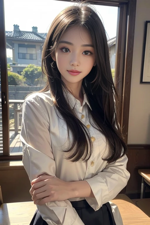 A beautiful Japanese shy girl, age 18 years old, long brown hair, brown big eyes, shiny lip, shiny hair, wearing long sleeve v-neck white shirts, plaid skirt, she is on the huge window, rainy scape, she is looking out the window, The background is very blurry, whole body picture,