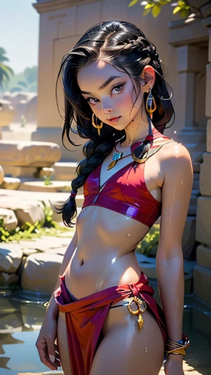 ultra-realistic 8K CG, masterpiece, ((ultra detailed background, fine drawing, intricate details, high detail, better fine details, hyper-detailed face)), (photorealistic: 1.4), beautiful lighting, absurdity, RAW photo, film grain, TyLee, 1girl, solo, brown hair, braid, smile, long hair, brown eyes, navel, belly, braided tail, (short shorts, thong, wet swimsuit), (medium breasts, slim girl, wide hips), wet face, squats, legs apart, (complex detailed background, outside, medieval background, blue sky, tavern)), erotica, wet skin