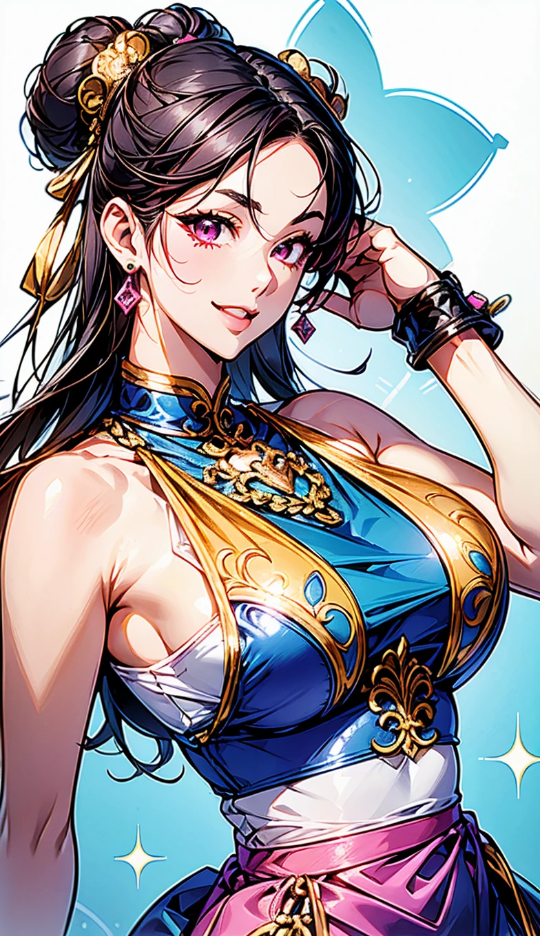 xianghua,brown eyes,short hair with long locks,lips, brown hair, solo,   frontal, covered nipples,   blush,  close up, upper body, wet, one eye closed,  looking at viewer, 
xiaRobe, short blue dress , tight blue thighhighs ,cleavage cutout ,hairband, detached sleeves ,jewelry, puffy sleeves, white panties, 
 lake, stars, labyrinth, 
 <lora:xianghua-10v3:0.7>